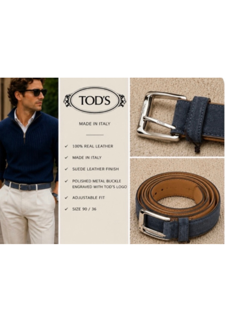Men's Tod's Suede Leather Belt, Size 90cm/36in Blue and Tan New!